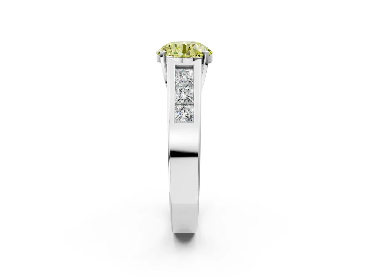 Fancy Yellow Round Cut Cut Channel Set Solitaire Ring with Four-Prong Setting White gold