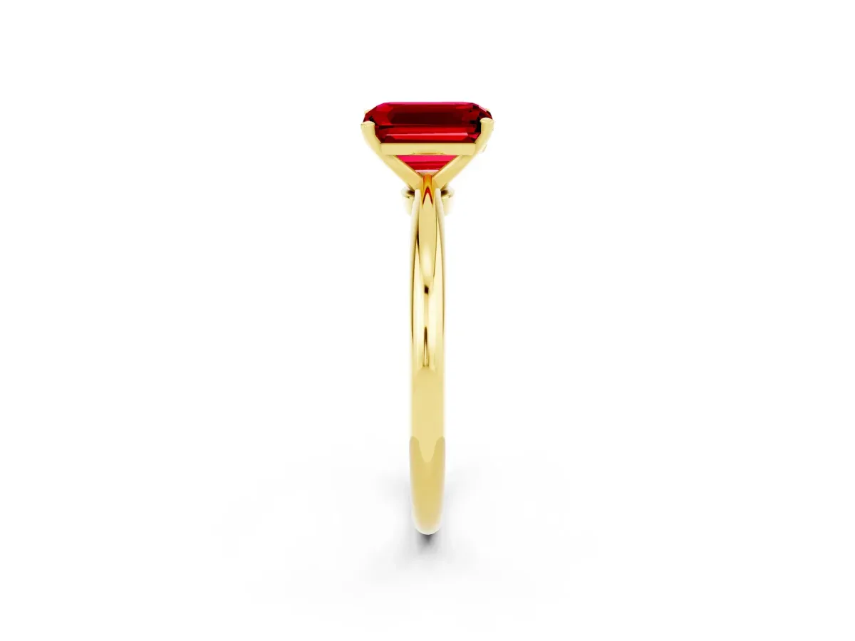 Emerald Cut Ruby Solitaire Ring with Six-Prong Setting and Classic Band Yellow gold