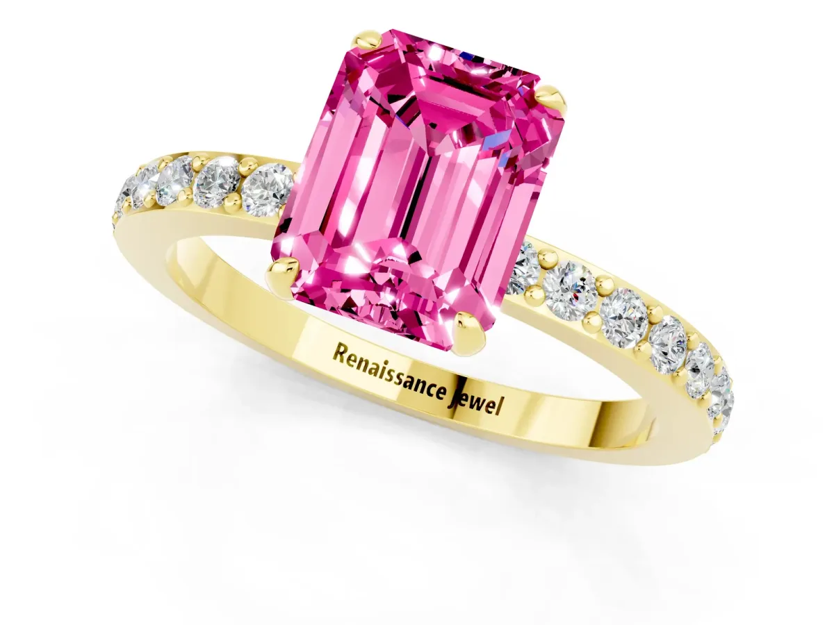 Emerald Cut Pink Sapphire Solitaire Engagement Ring with Pavé Band and Four-Prong Setting Yellow gold