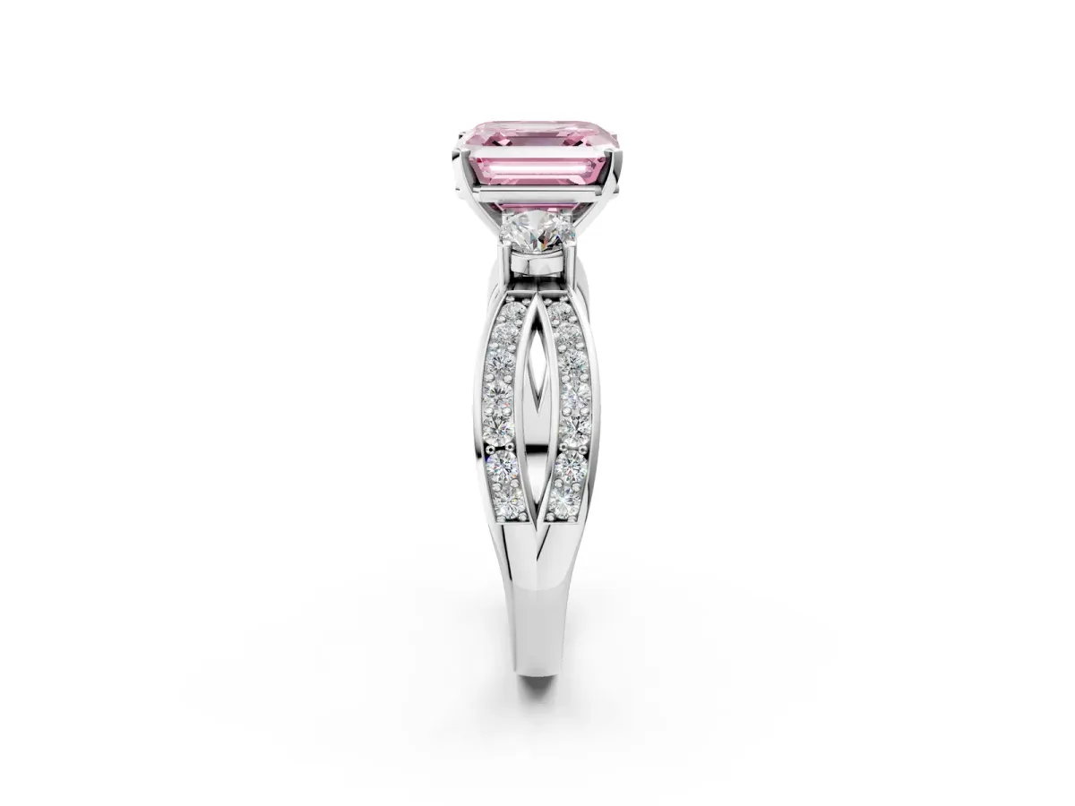 Fancy Pink Three-Stone Asscher Cut Cut Diamond Twist Band with Prong Setting Platinum