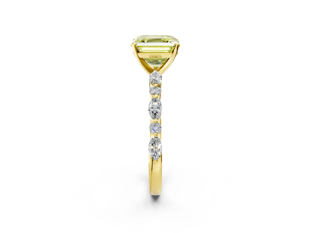 Fancy Yellow Asscher Cut Diamond Ring with Marquise and Round Side Stones and Four-Prong Setting Yellow gold