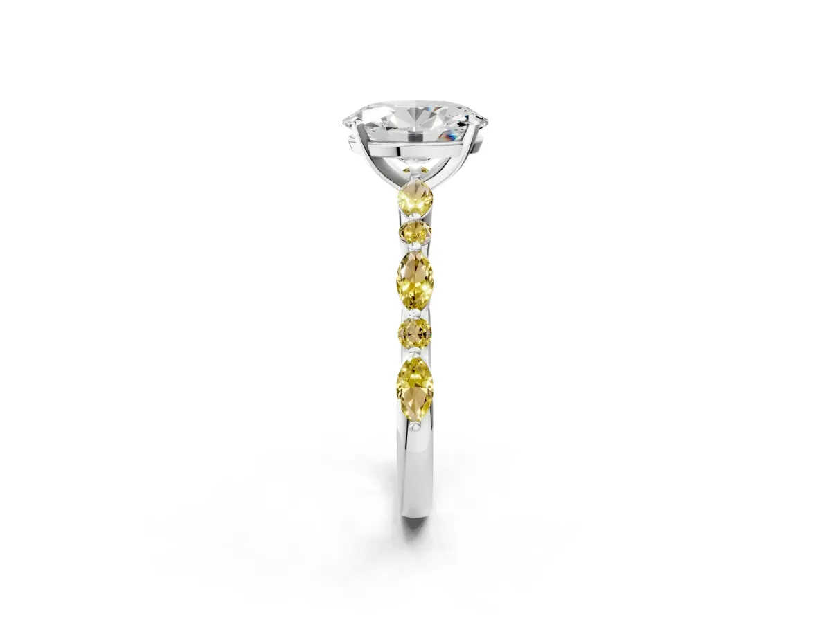 Oval Cut Diamond Ring with Marquise and Round Yellow Sapphire Side Stones and Four-Prong Setting White gold