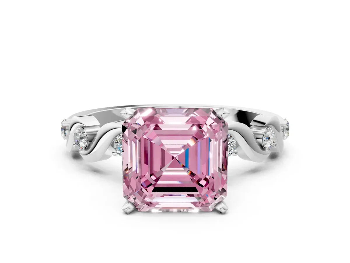 Fancy Pink Asscher Cut Diamond Solitaire Twisted Band with Round Accents and Prong Setting White gold