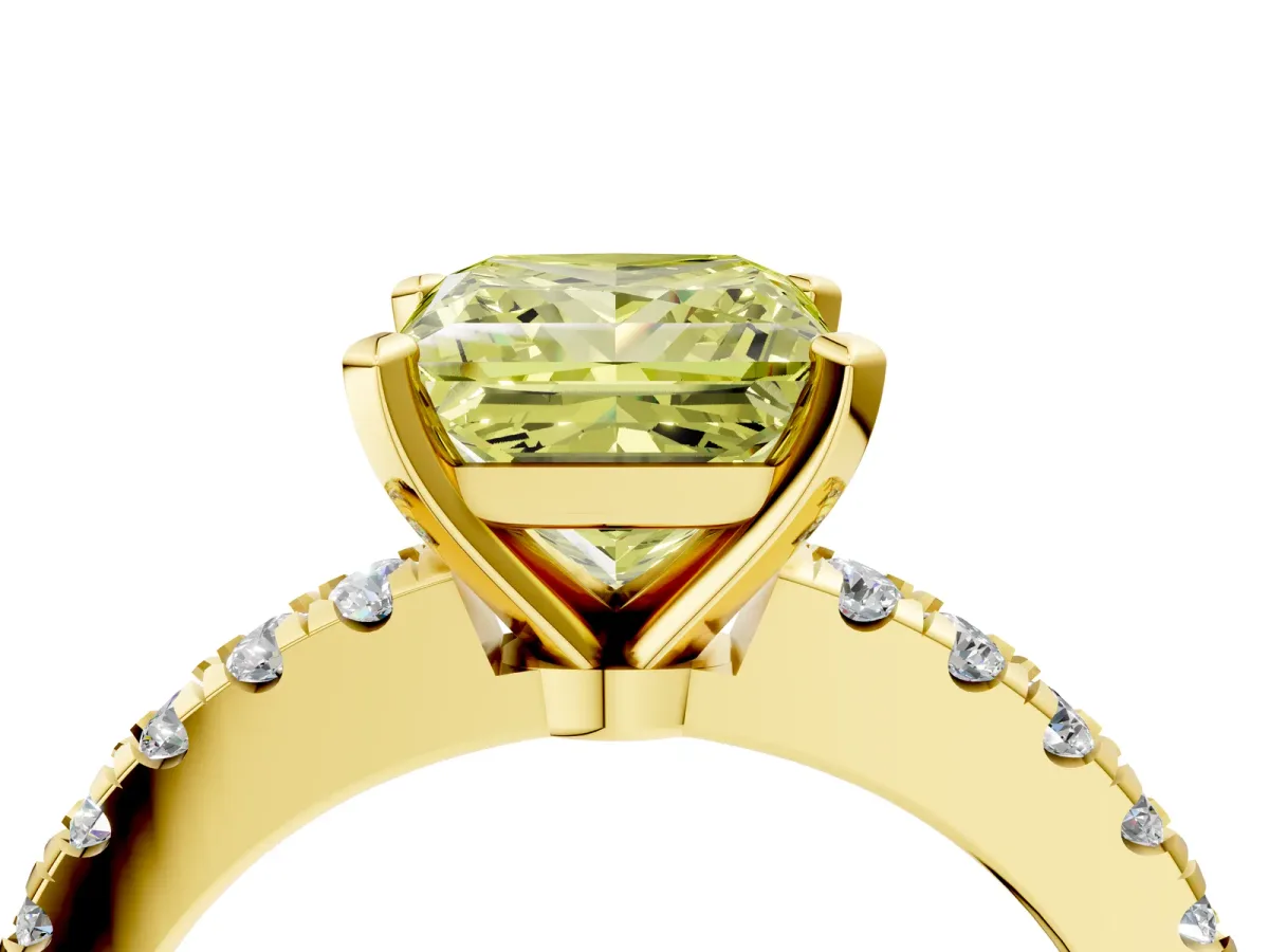 Fancy Yellow Princess Cut Solitaire Diamond with Pavé Band and Four-Prong Setting Yellow gold