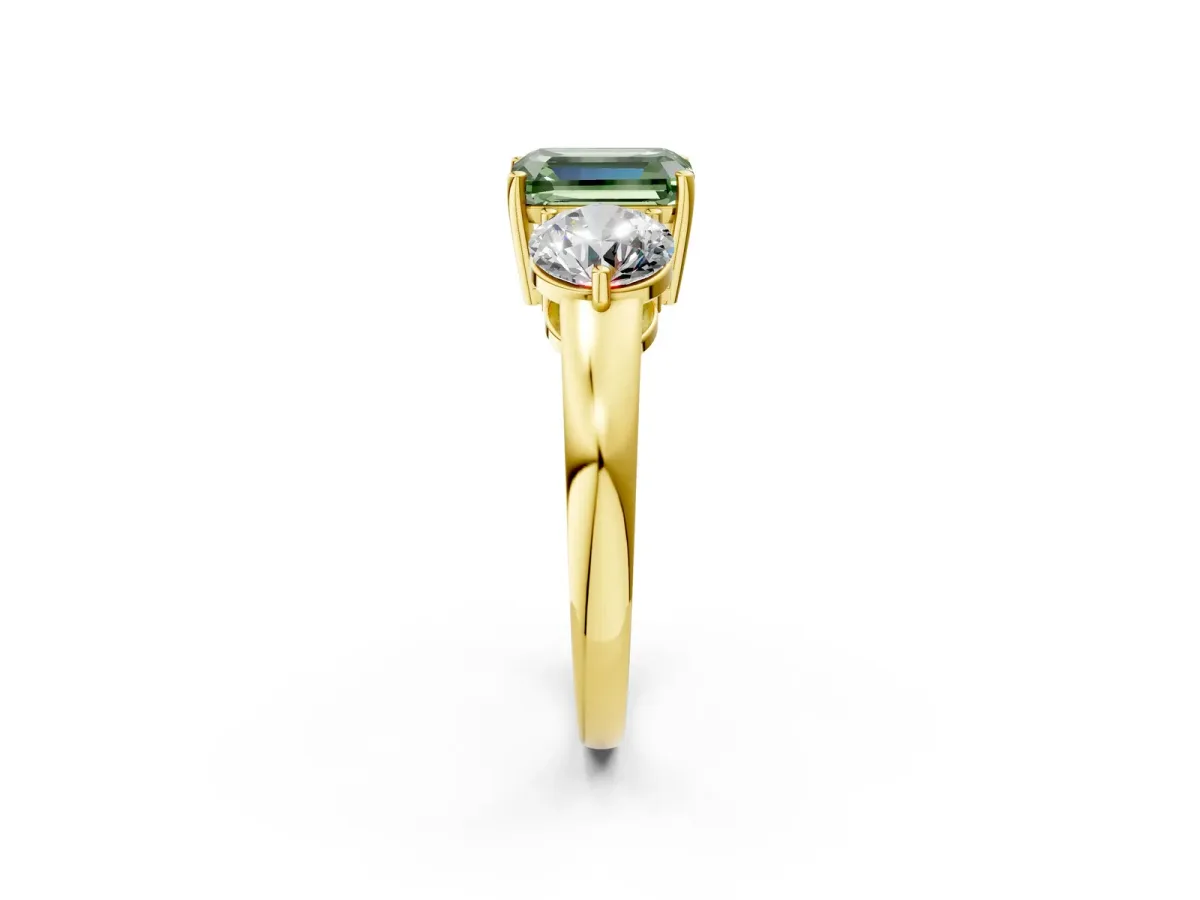 Fancy Green Emerald Cut Diamond Three-Stone Ring with Prong Setting and Classic Band Yellow gold
