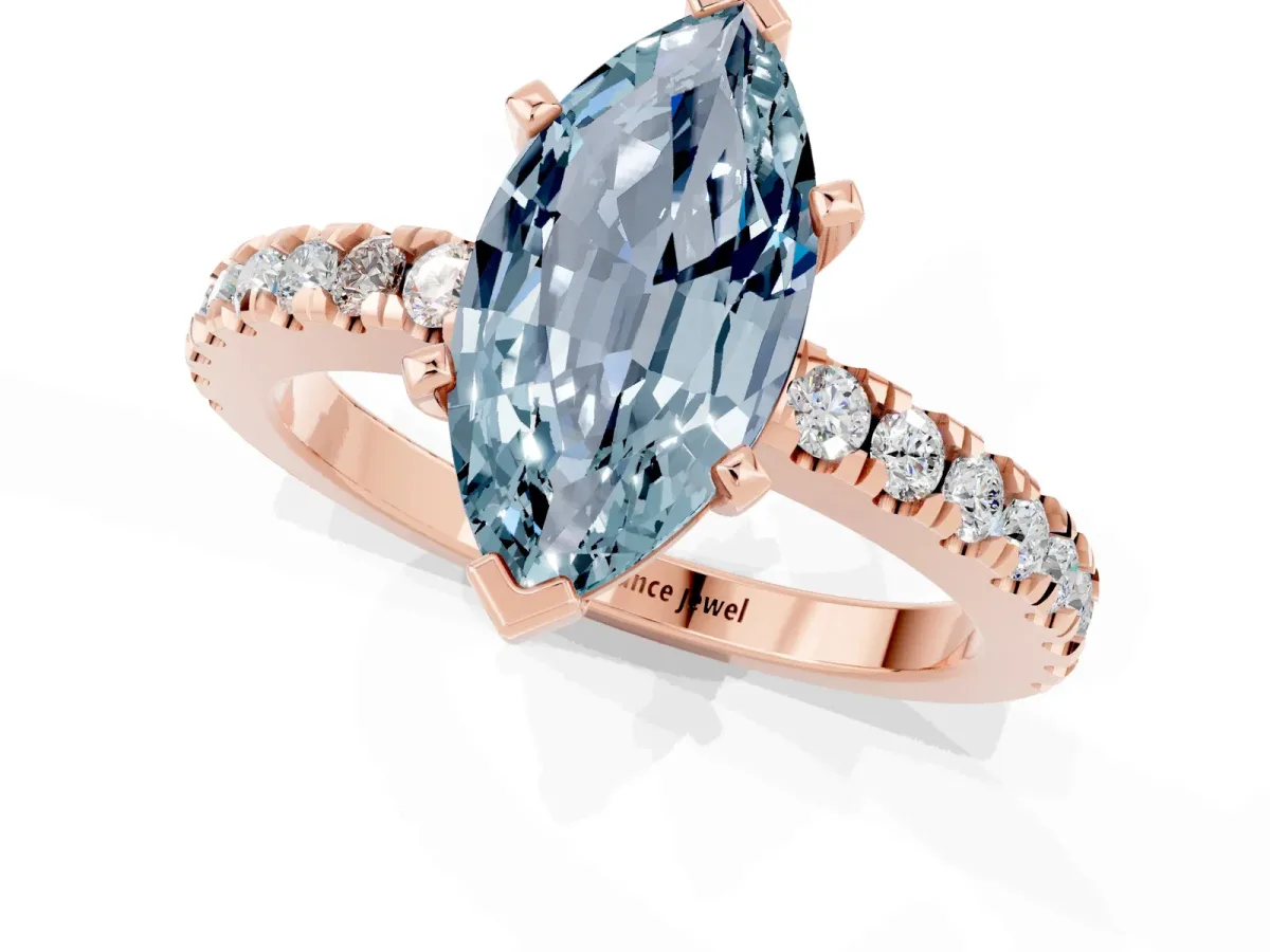 Marquise Cut Solitaire Aquamarine with Pavé Band and Four-Prong Setting Rose gold