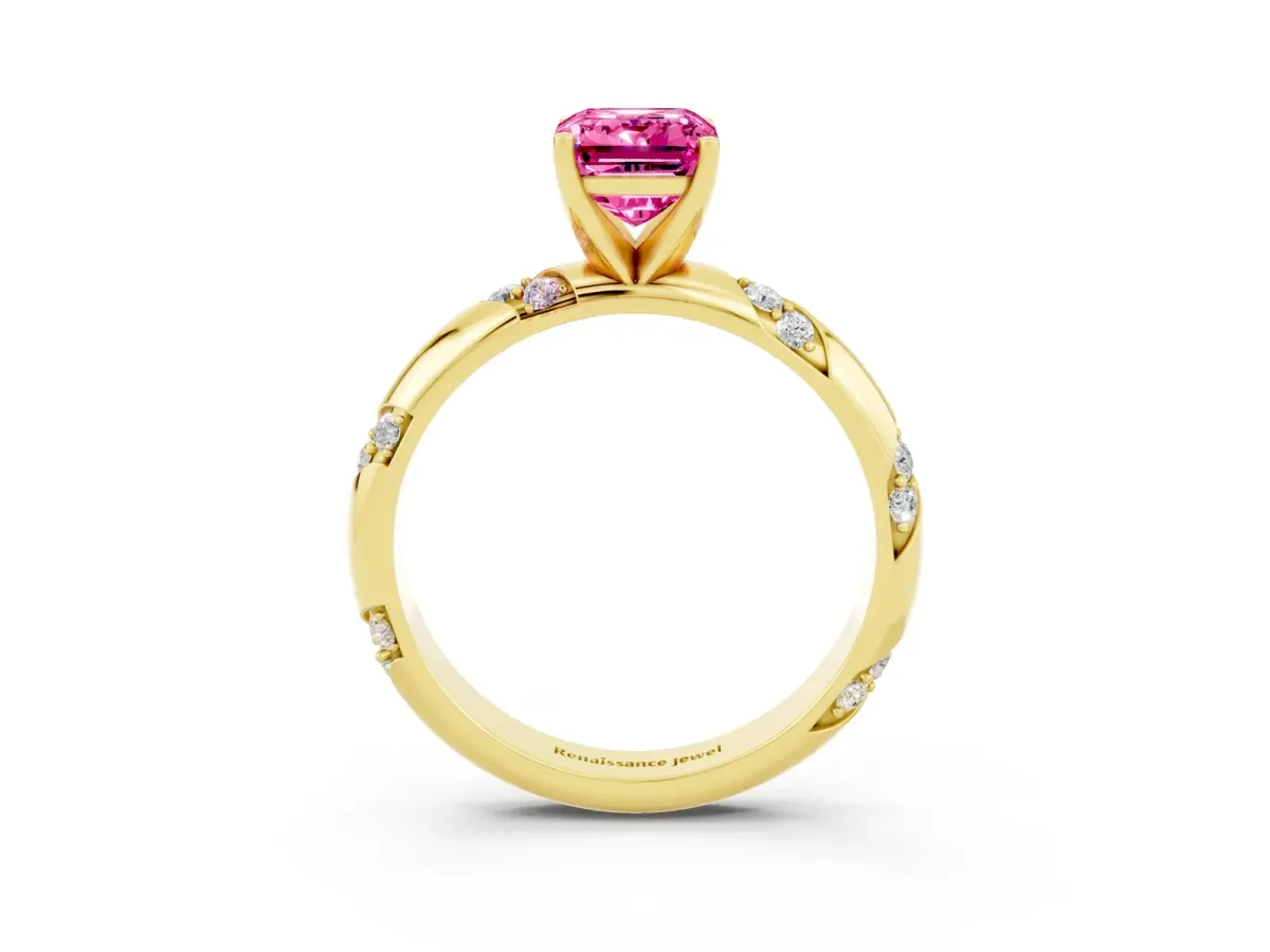 Emerald Cut Pink Sapphire Solitaire Engagement Ring with Twisted Round Accent Band and Prong Setting Yellow gold