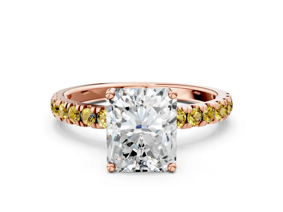 Radiant Cut Diamond Pave Band Solitaire Ring with Round Yellow Sapphire and Prong Setting Rose gold