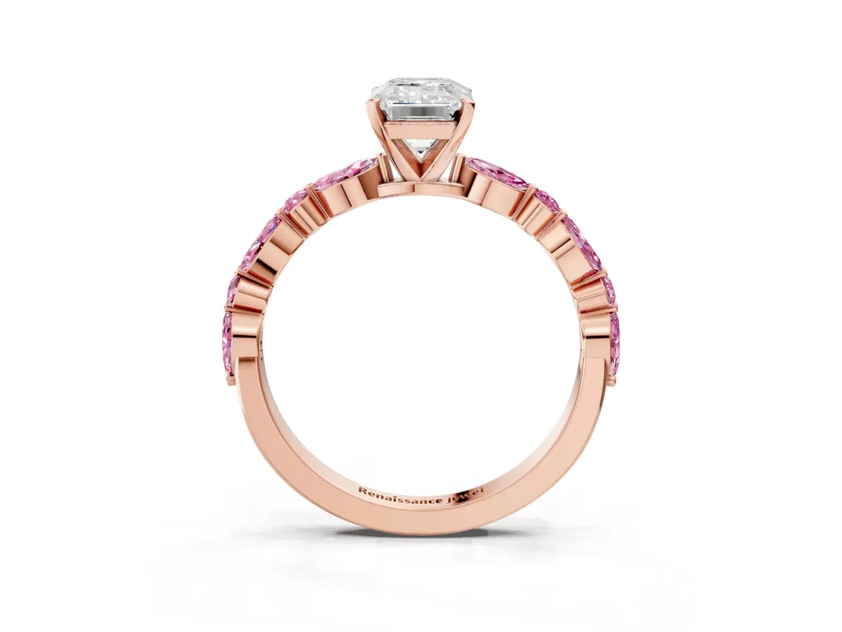 Emerald Cut Diamond Ring with Marquise and Round Pink Sapphire Side Stones and Four-Prong Setting Rose gold