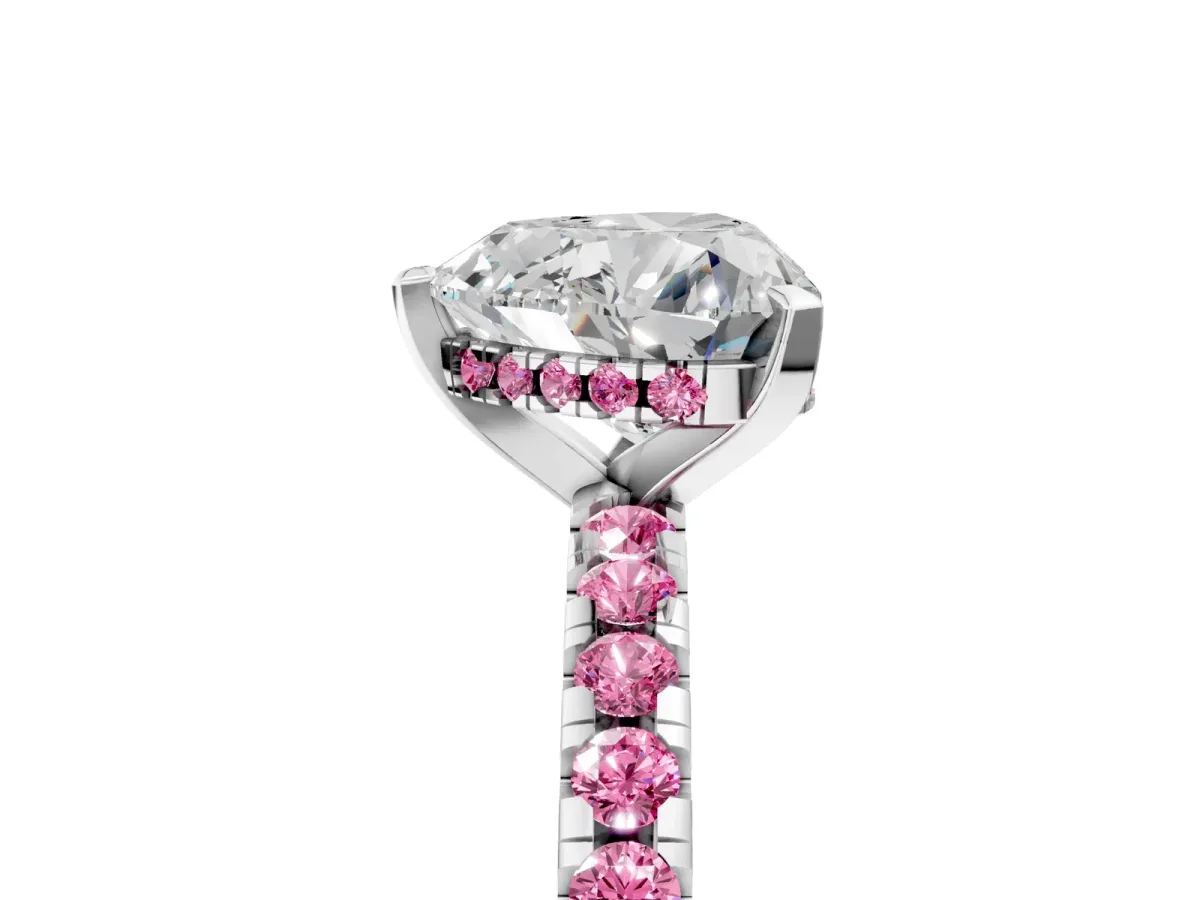 Heart Cut Diamond Solitaire Ring with Round Pink Sapphire Pavé Band and Four-Prong Setting Platinum