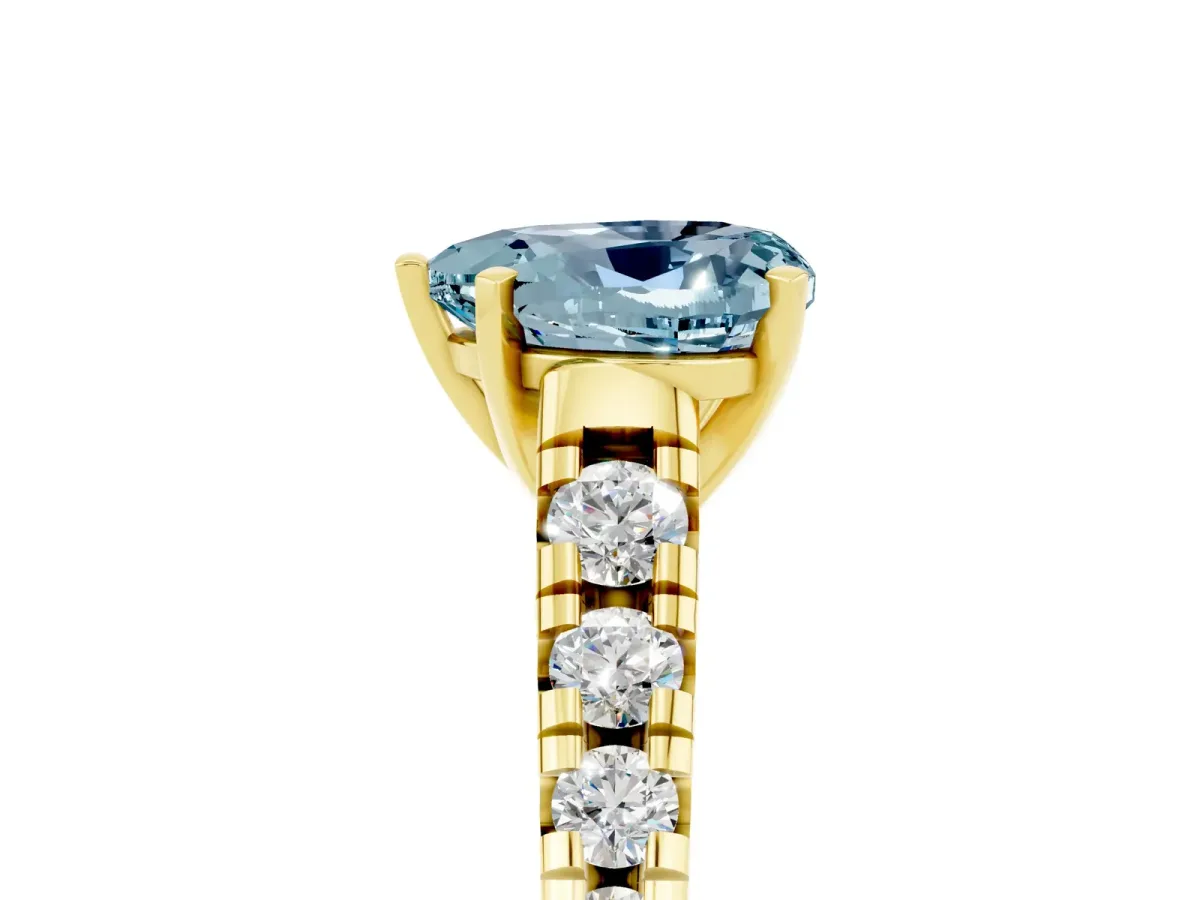 Heart Cut Aquamarine Cathedral Solitaire Ring with Round Pavé Band Yellow gold