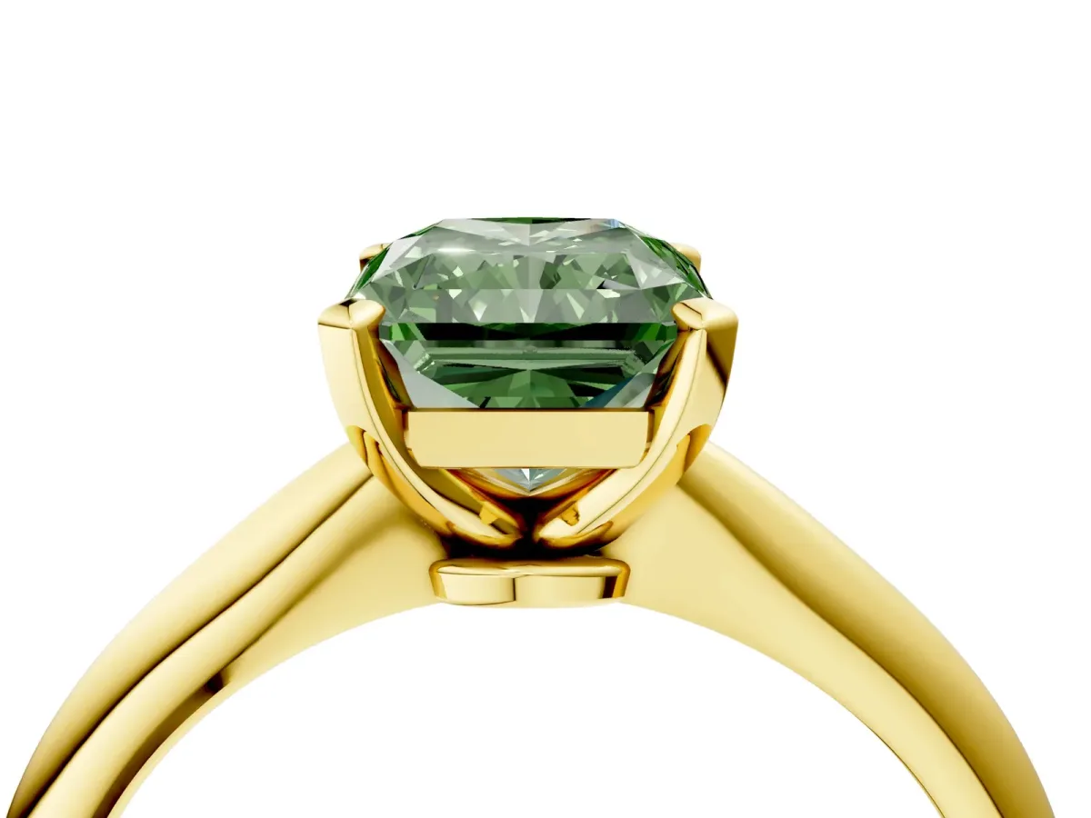 Fancy Green Radiant Cut Diamond Solitaire Engagement Ring with Classic Band and Four-Prong Setting Yellow gold