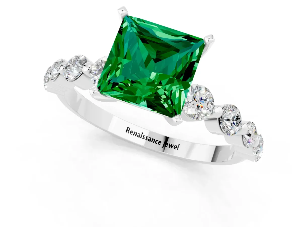Princess Cut Solitaire Emerald Ring with Pave Band and Four-Prong Setting Silver