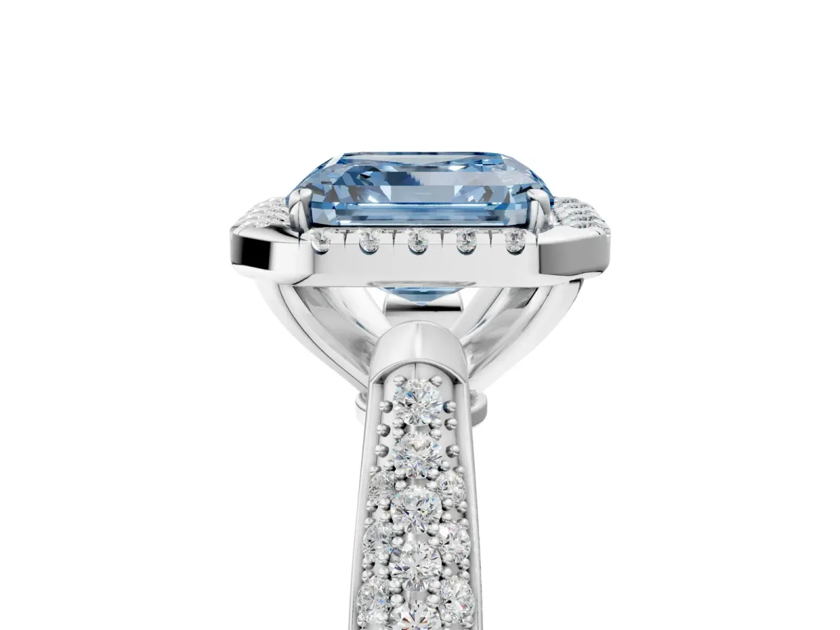 Fancy Blue Asscher Cut Halo Diamond Ring with Pavé Band Platinum