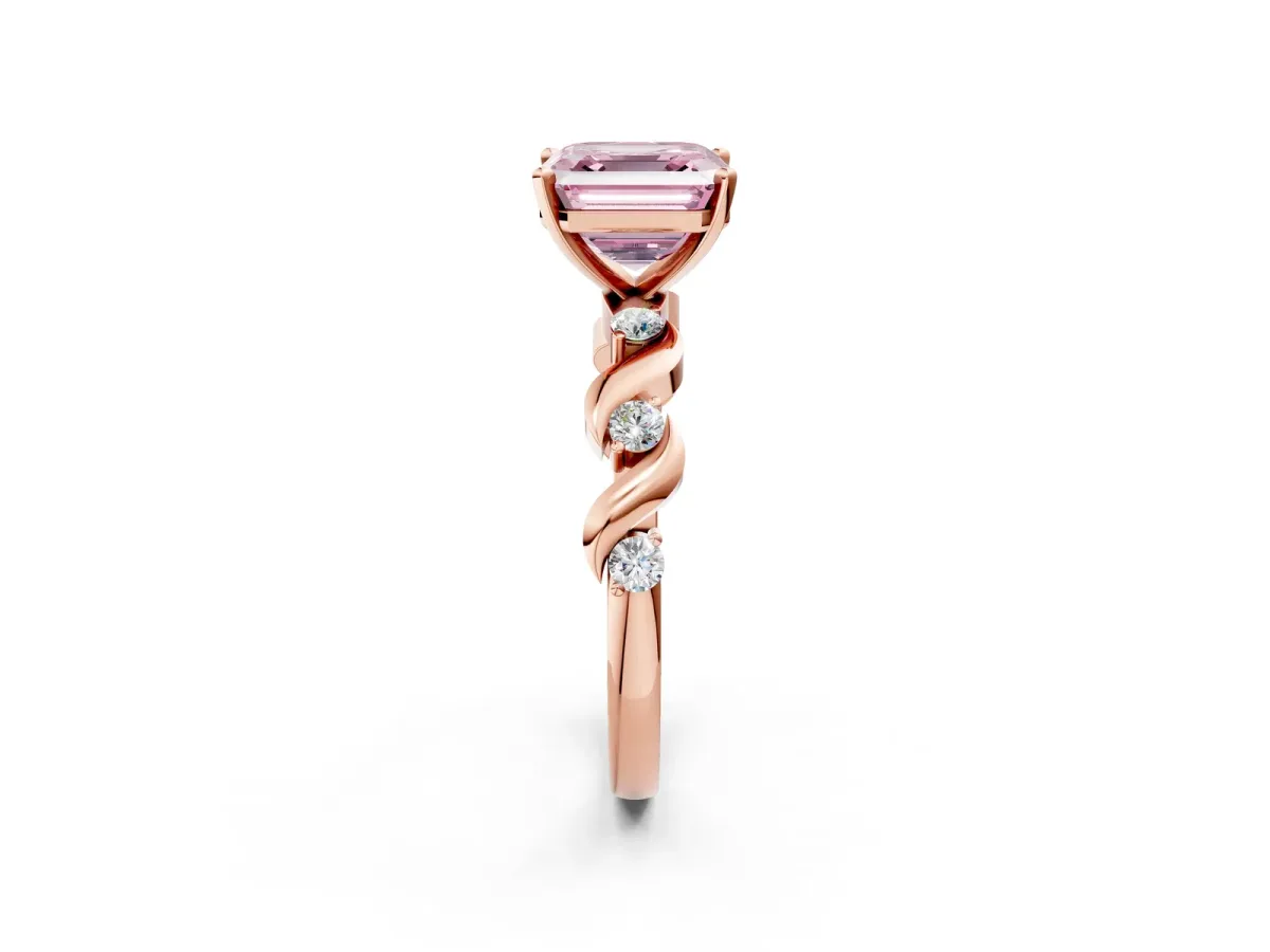 Fancy Pink Asscher Cut Diamond Solitaire Twisted Band with Round Accents and Prong Setting Rose gold