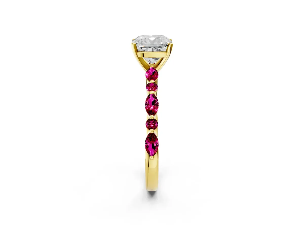 Cushion Cut Diamond Ring with Marquise and Round Garnet Side Stones and Four-Prong Setting Yellow gold
