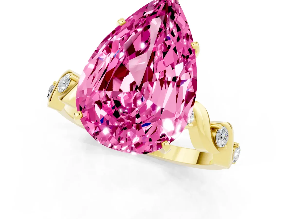 Pear Cut Pink Sapphire Solitaire Twisted Band with Round Accents and Prong Setting Yellow gold