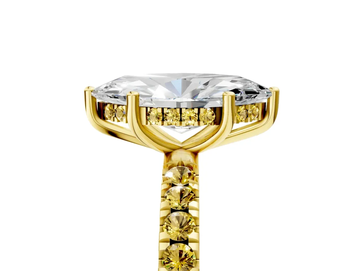 Marquise Cut Diamond Pave Band Solitaire Ring with Round Yellow Sapphire and Prong Setting Yellow gold