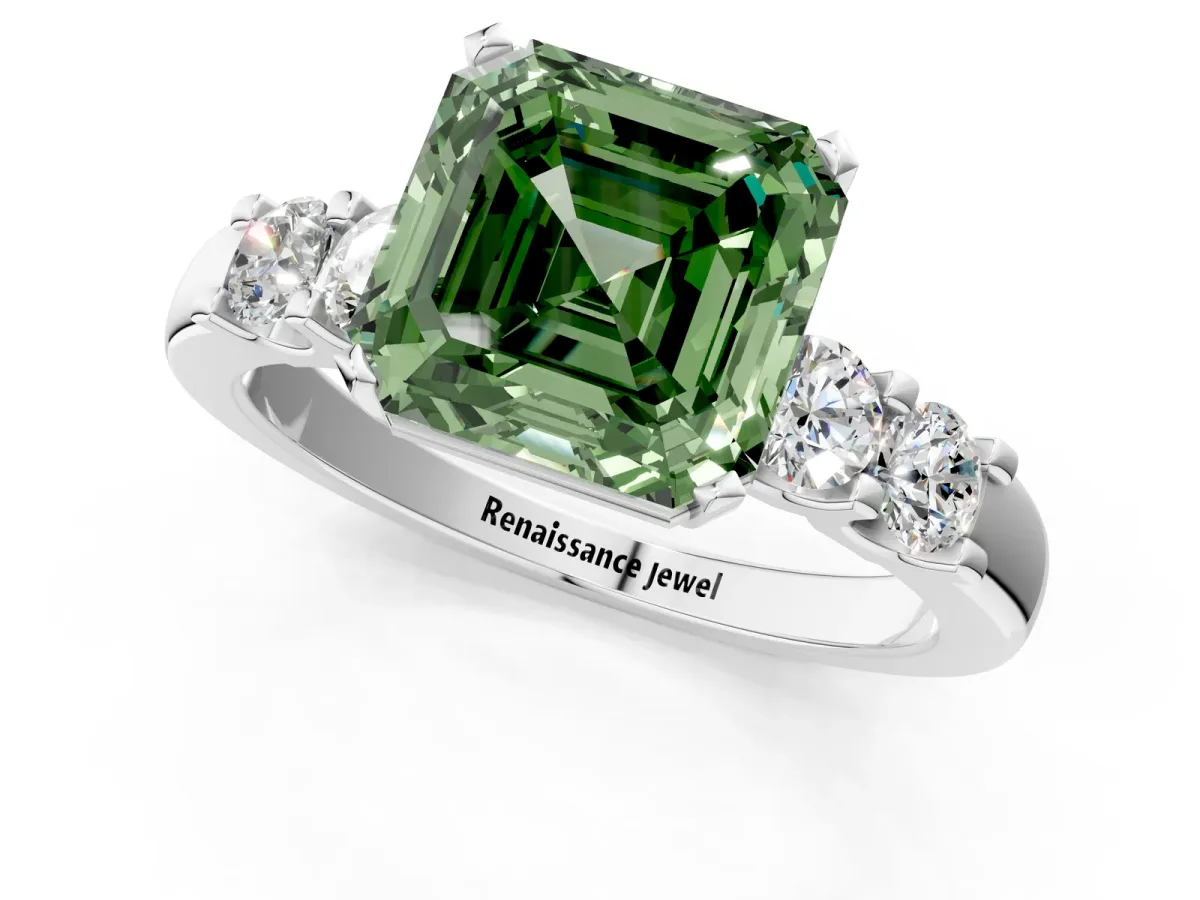Fancy Green Asscher Cut Brilliant Cut Diamond Five-Stone Prong Set Engagement Ring with Channel Band Platinum