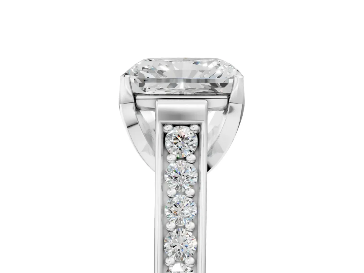 Radiant Cut Brilliant Cut Diamond Engagement Ring with Pavé Band and Four-Prong Setting Platinum