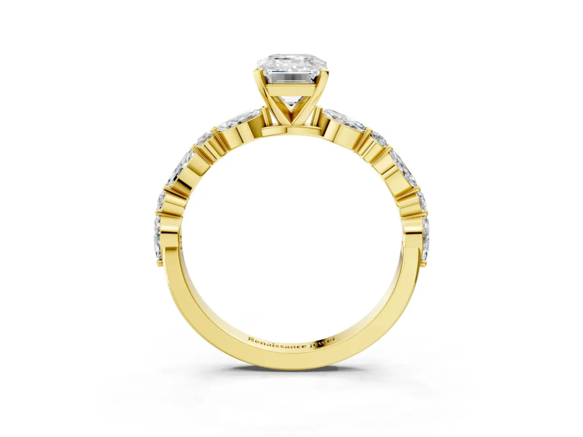 Emerald Cut Diamond Ring with Marquise and Round Moissanite Side Stones and Four-Prong Setting Yellow gold