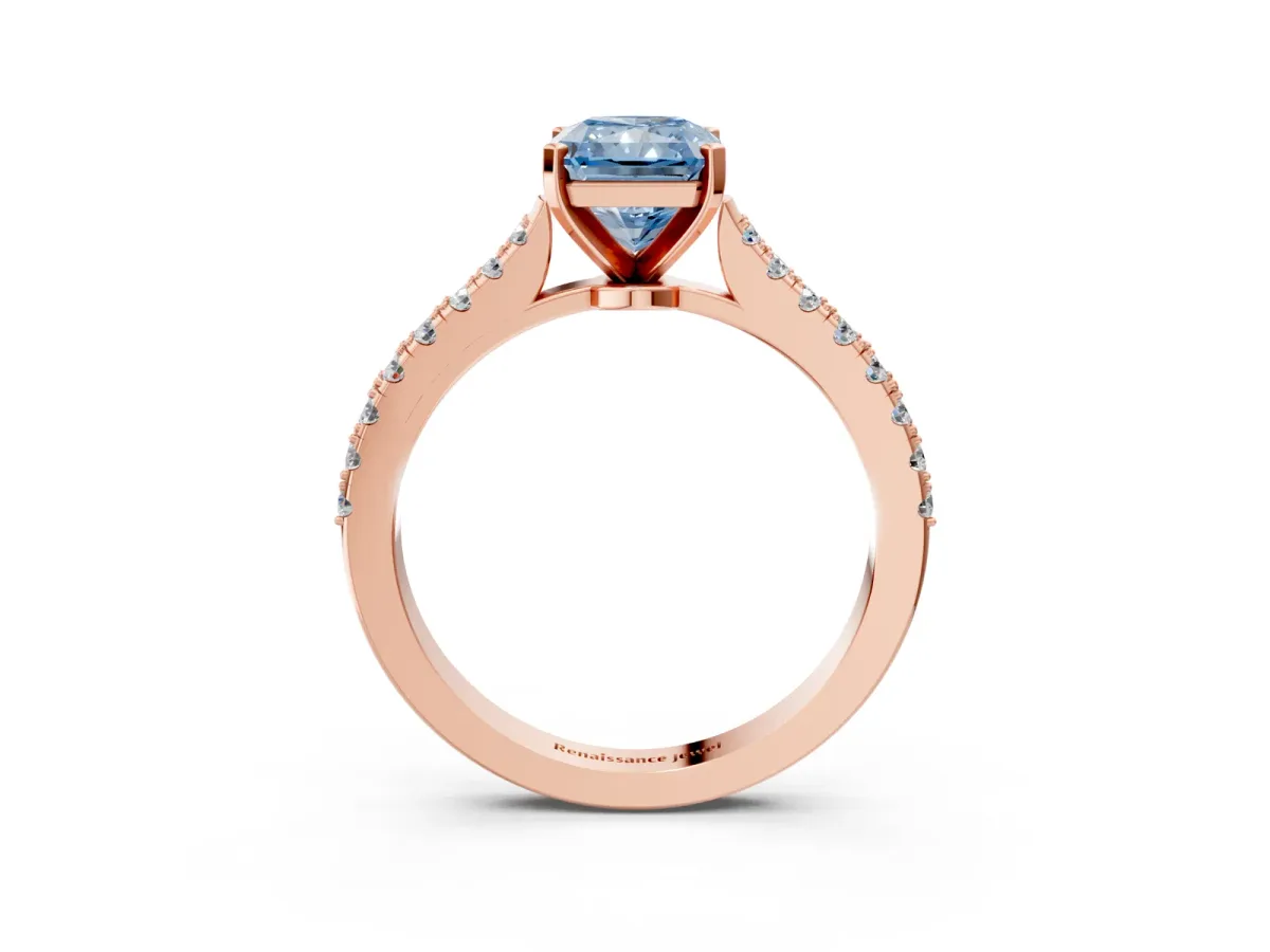 Fancy Blue Radiant Cut Cut Solitaire Diamond Engagement Ring with Pave Band and Four-Prong Setting Rose gold