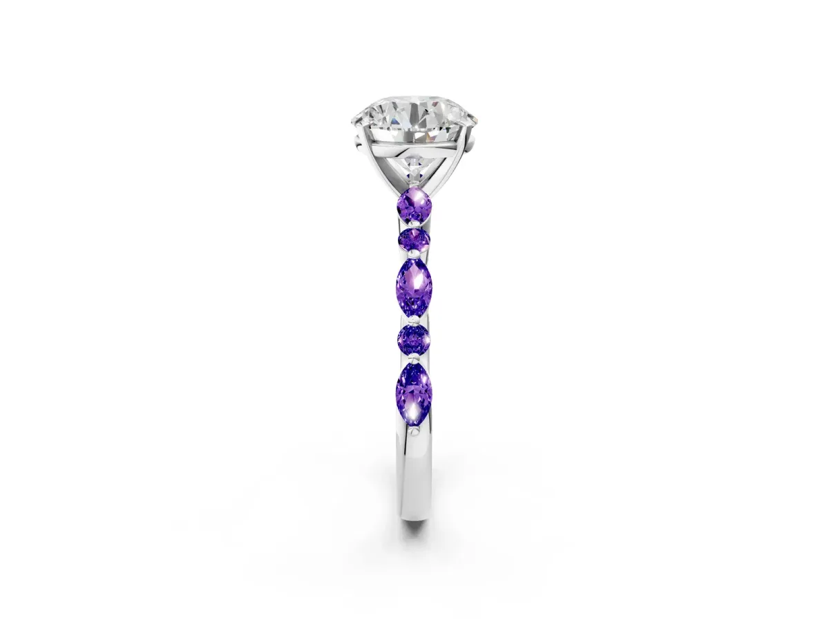 Round Cut Diamond Ring with Marquise and Round Tanzanite Side Stones and Four-Prong Setting White gold