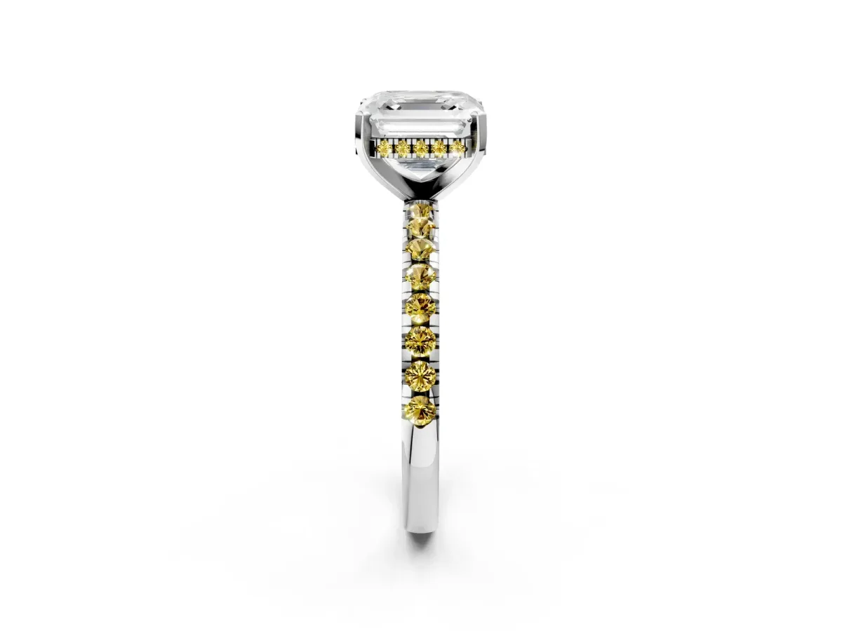 Asscher Cut Diamond Solitaire Ring with Round Yellow Sapphire Pavé Band and Four-Prong Setting White gold