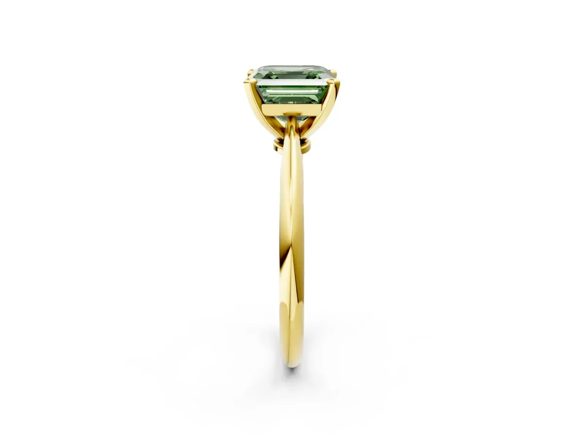 Fancy Green Asscher Cut Diamond Solitaire Engagement Ring with Classic Band and Four-Prong Setting Yellow gold