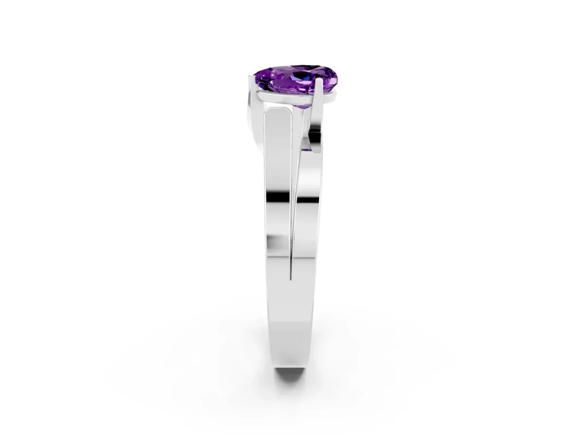 Modern Tension Set Heart Cut Amethyst Solitaire Wide Band Ring Silver
