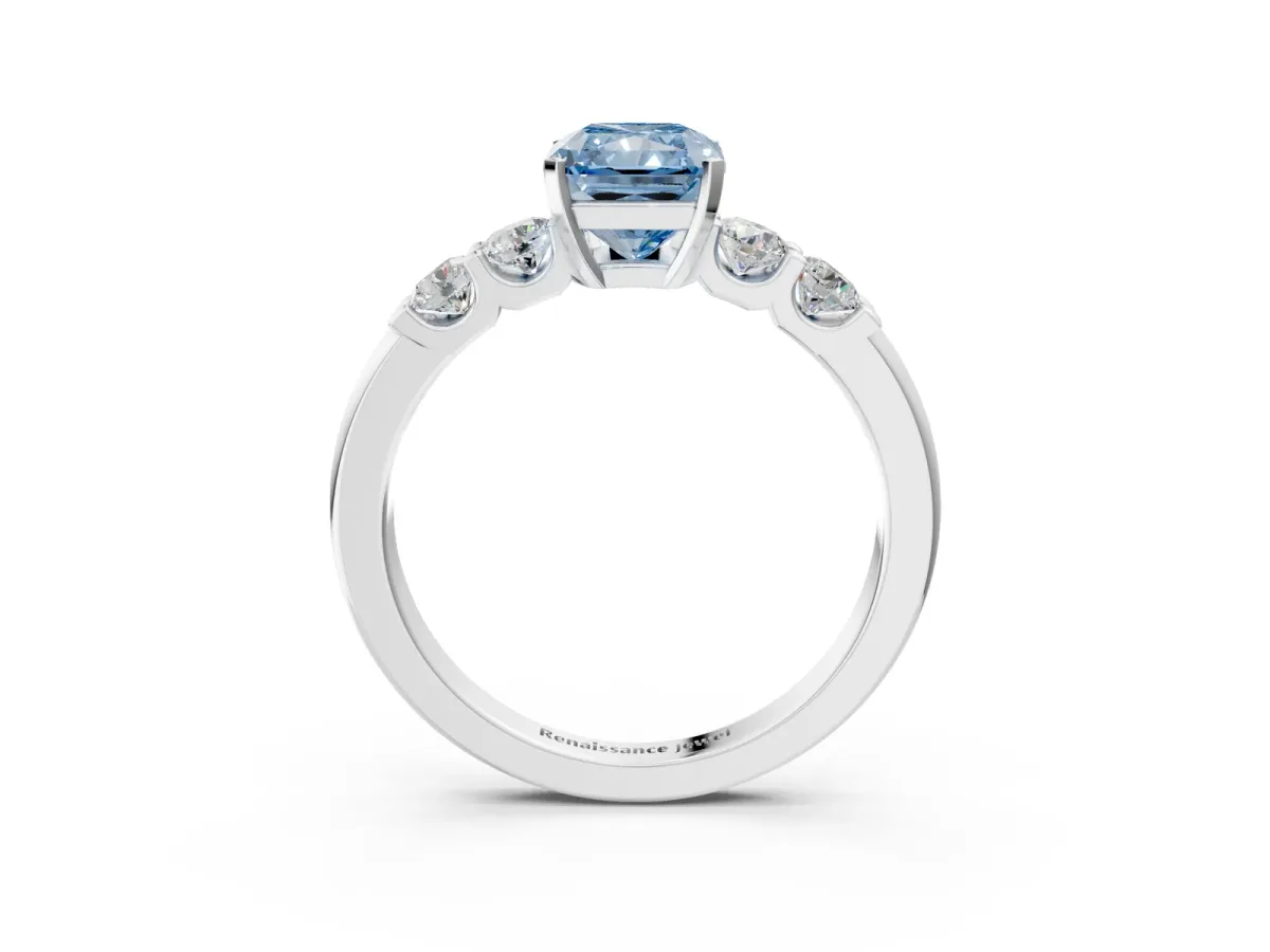 Fancy Blue Radiant Cut Brilliant Cut Diamond Five-Stone Prong Set Engagement Ring with Channel Band Platinum