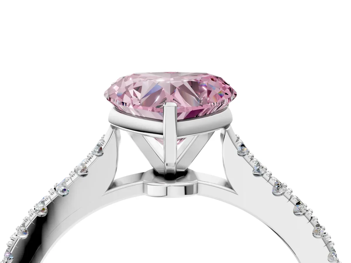 Fancy Pink Heart Cut Cut Solitaire Diamond Engagement Ring with Pave Band and Four-Prong Setting White gold