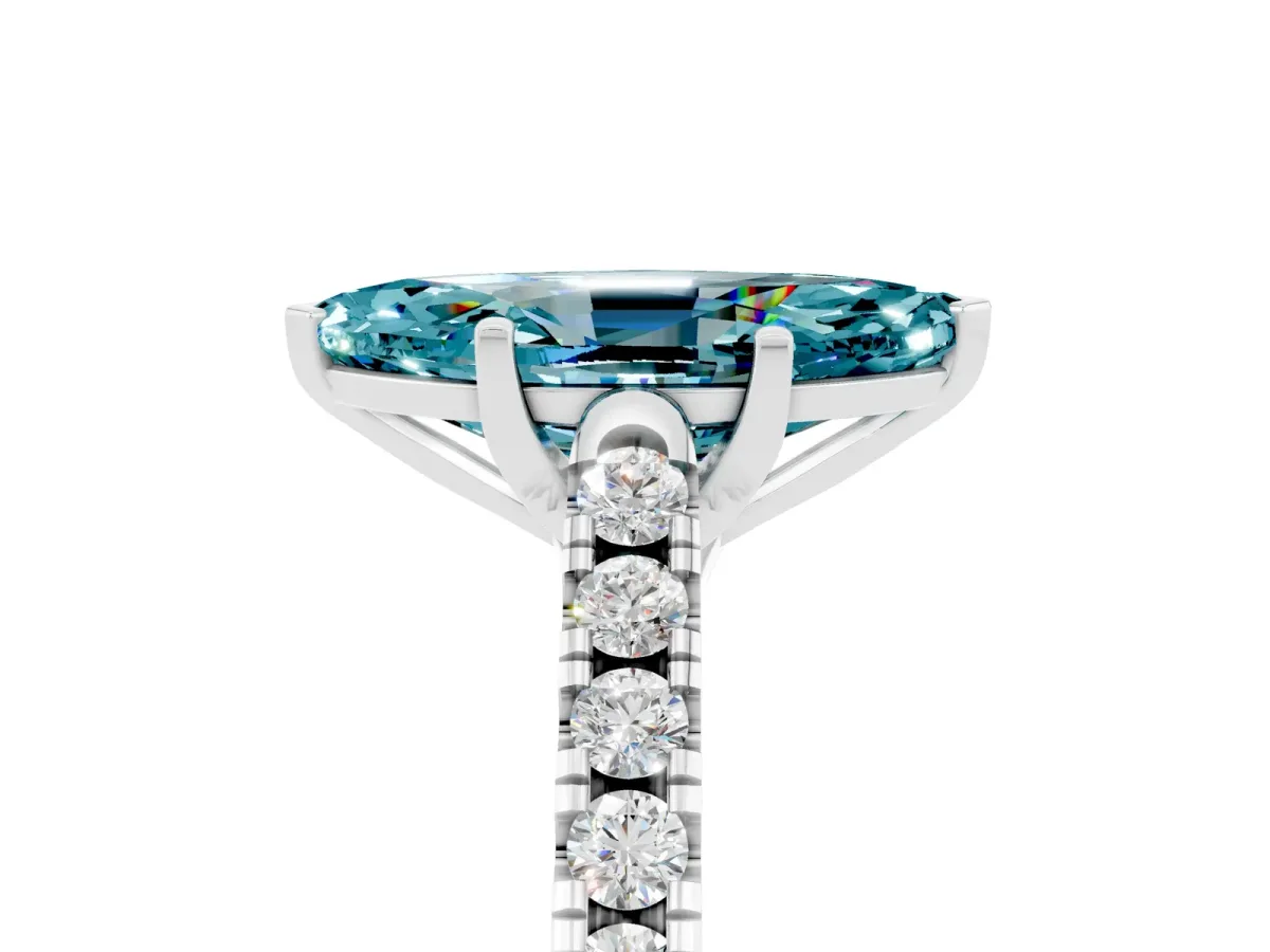Marquise Cut Blue Topaz Pavé Band Solitaire Ring with Prong Setting Silver