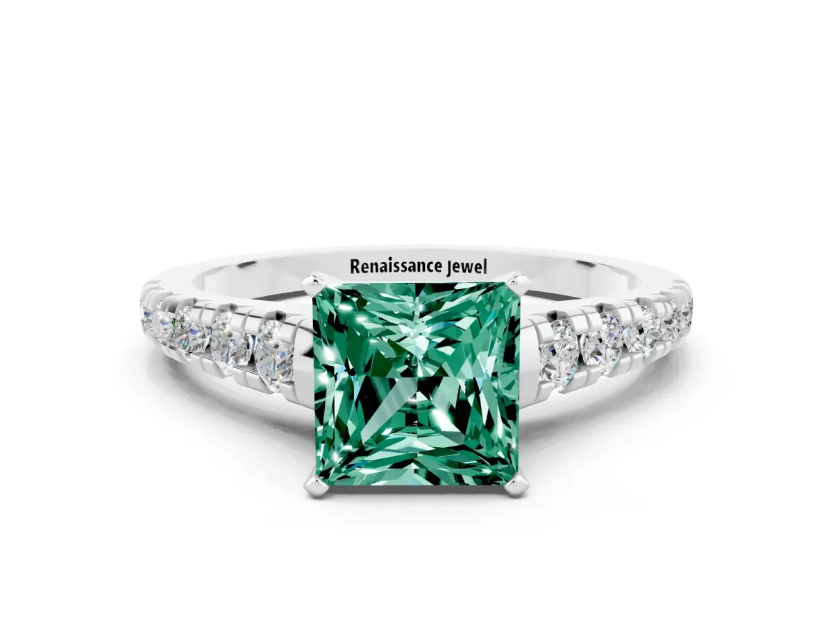 Princess Cut Green Sapphire Cathedral Solitaire Ring with Round Pavé Band White gold