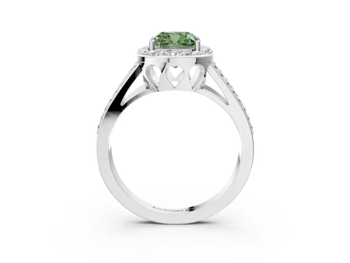 Fancy Green Cushion Cut Diamond Halo Ring with Split Shank U-Prong Band and Four-Prong Setting White gold