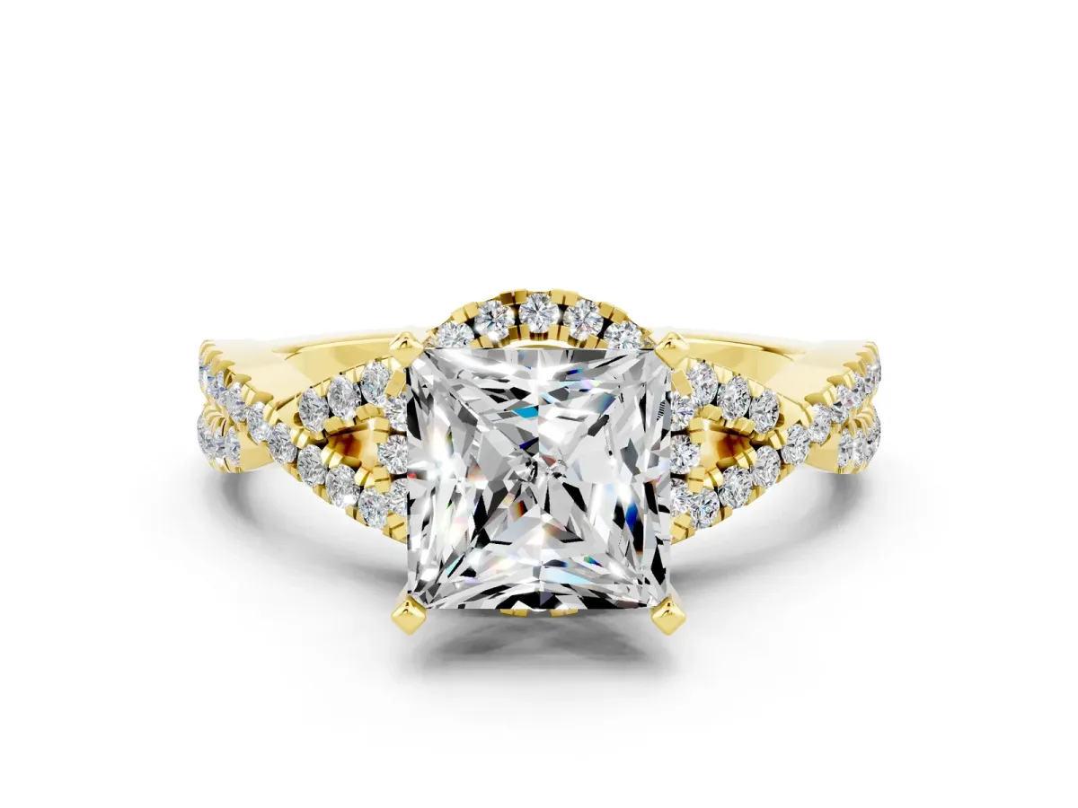 Princess Cut Moissanite Halo Twist Band Solitaire Prong Setting Ring Yellow gold