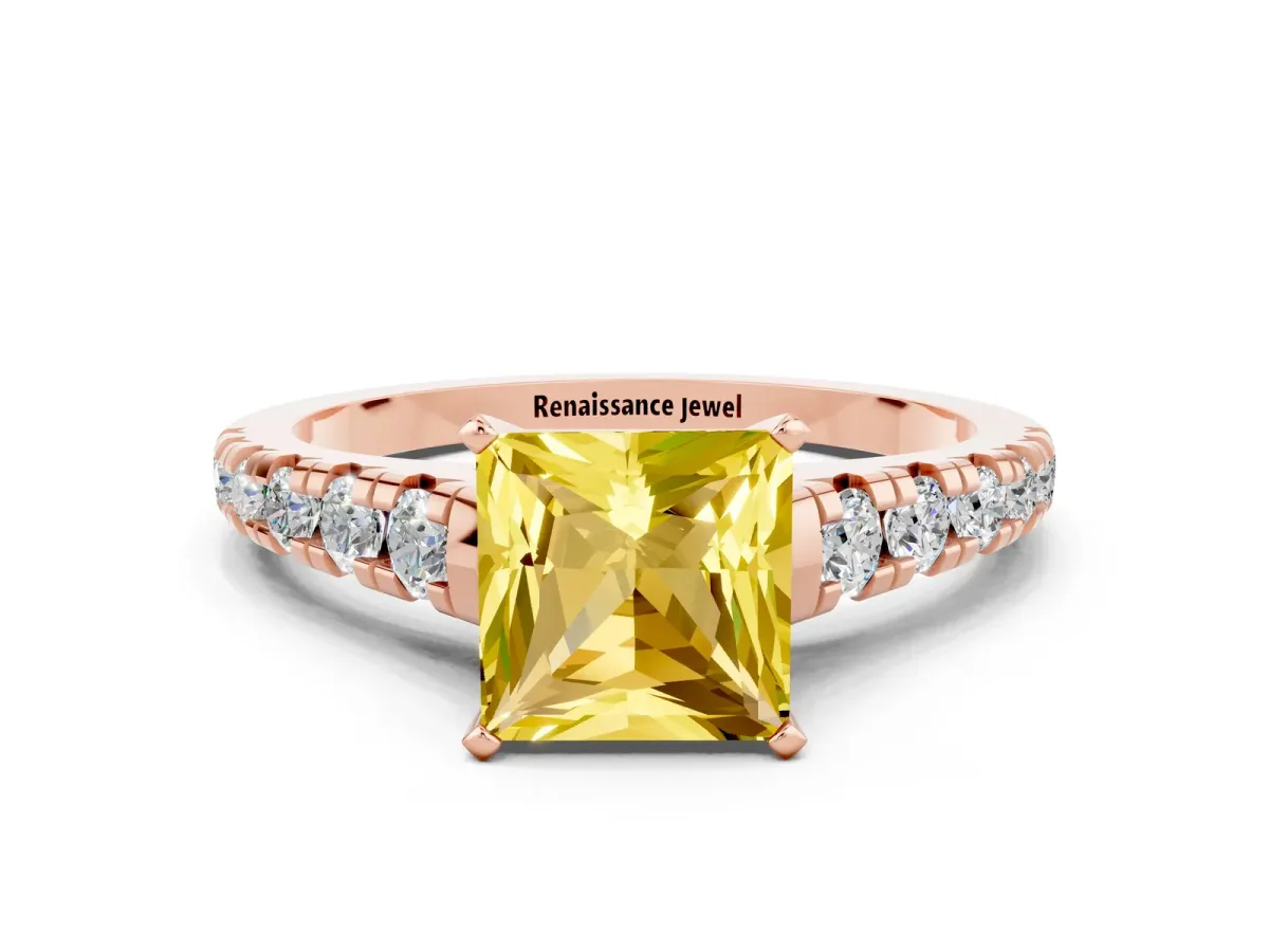 Princess Cut Yellow Sapphire Cathedral Solitaire Ring with Round Pavé Band Rose gold