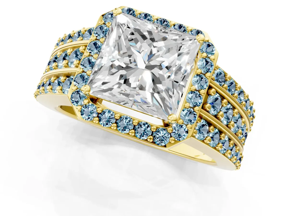 Princess Cut Halo Diamond Ring with Round Aquamarine Split Shank and Prong Setting Yellow gold
