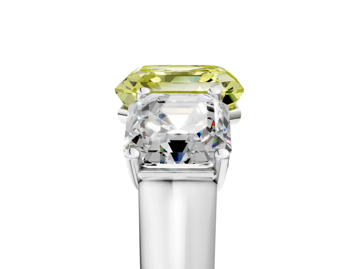 Fancy Yellow Asscher Cut Three-Stone Diamond Ring with Prong Setting on a Classic Band Platinum