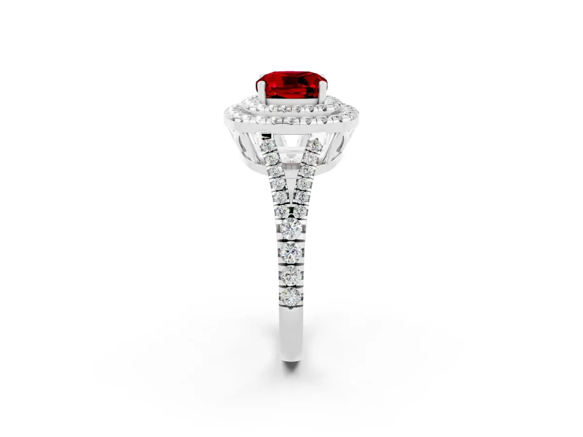 Cushion Cut Ruby Double Halo Ring with Pavé Band and Prong Setting Platinum