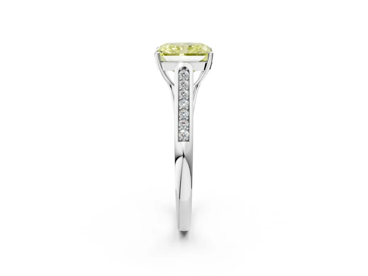 Fancy Yellow Radiant Cut Solitaire Cathedral Diamond Engagement Ring with Channel-Set Band and Four-Prong Setting Platinum