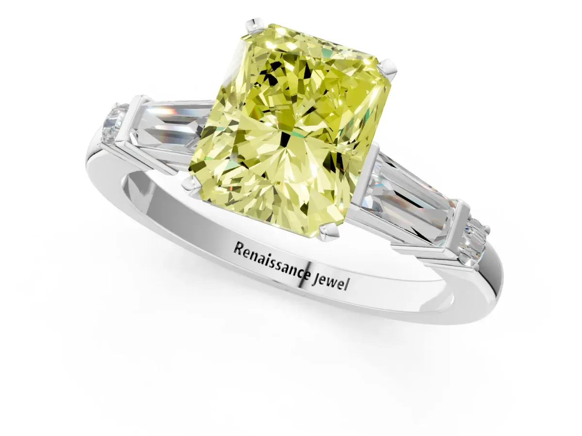 Fancy Yellow Radiant Cut Cut Diamond Ring with Baguette Side Stones, Channel Set Band, and Four-Prong Setting Platinum