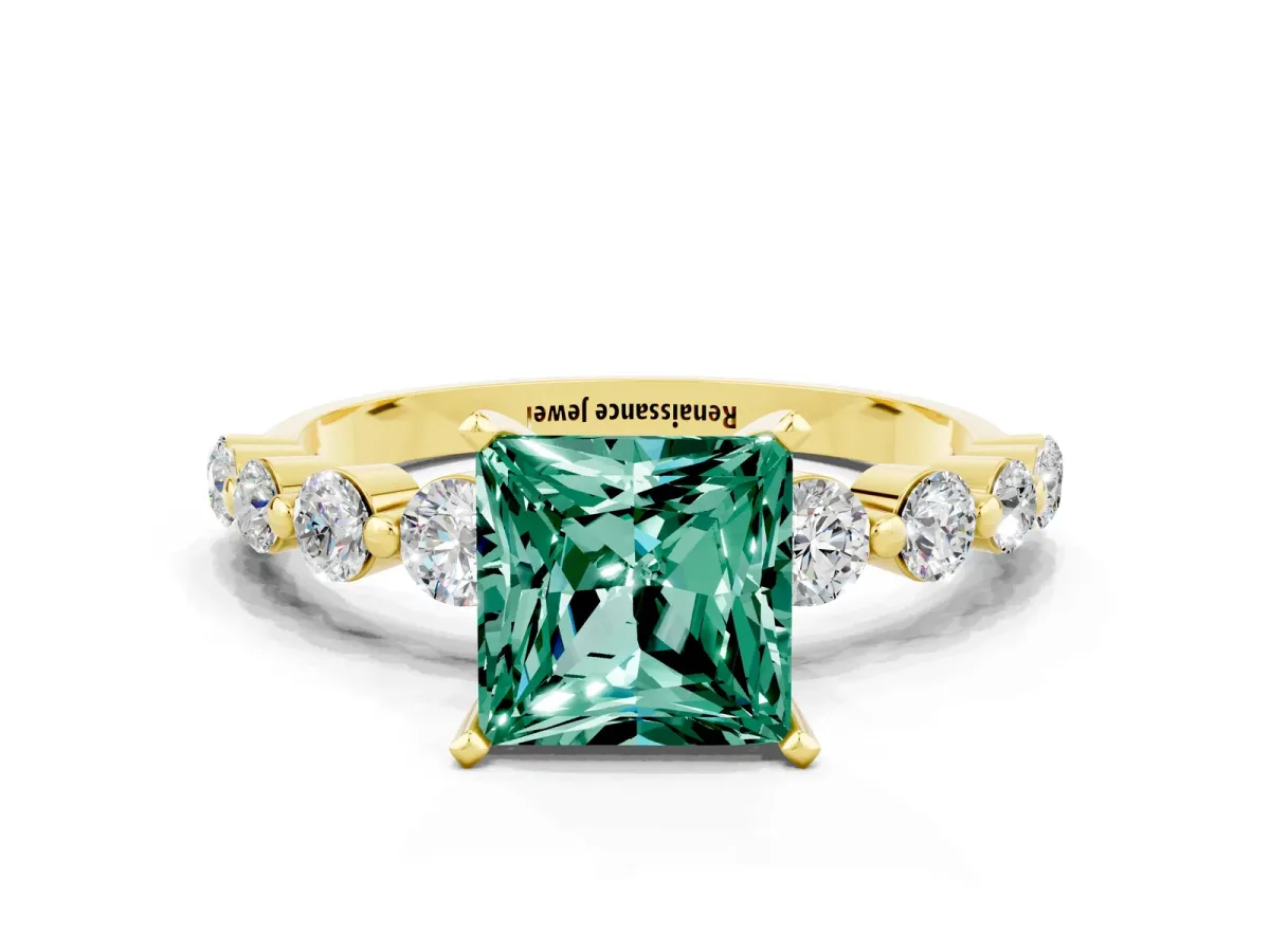 Princess Cut Solitaire Green Sapphire Ring with Pave Band and Four-Prong Setting Yellow gold