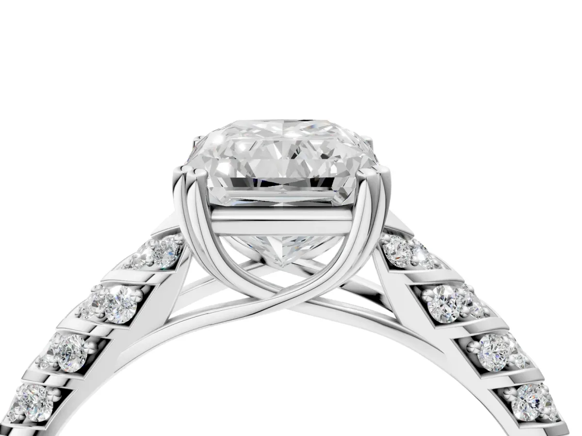 Radiant Cut Solitaire Chevron Pave Diamond Engagement Ring with Six-Prong Setting Platinum