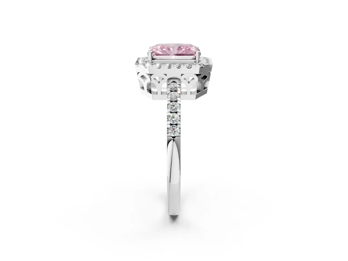 Fancy Pink Radiant Cut Halo Diamond Engagement Ring with Pavé Band and Four-Prong Setting Platinum