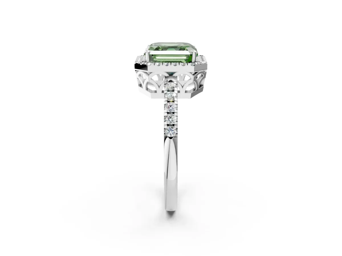 Fancy Green Asscher Cut Halo Diamond Engagement Ring with Pavé Band and Four-Prong Setting Platinum