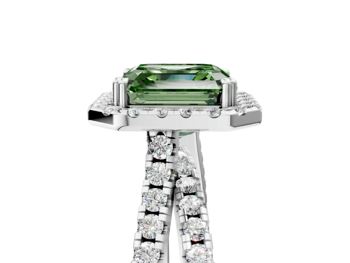Fancy Green Asscher Cut Halo Split Shank Diamond Ring with Pavé Setting Platinum