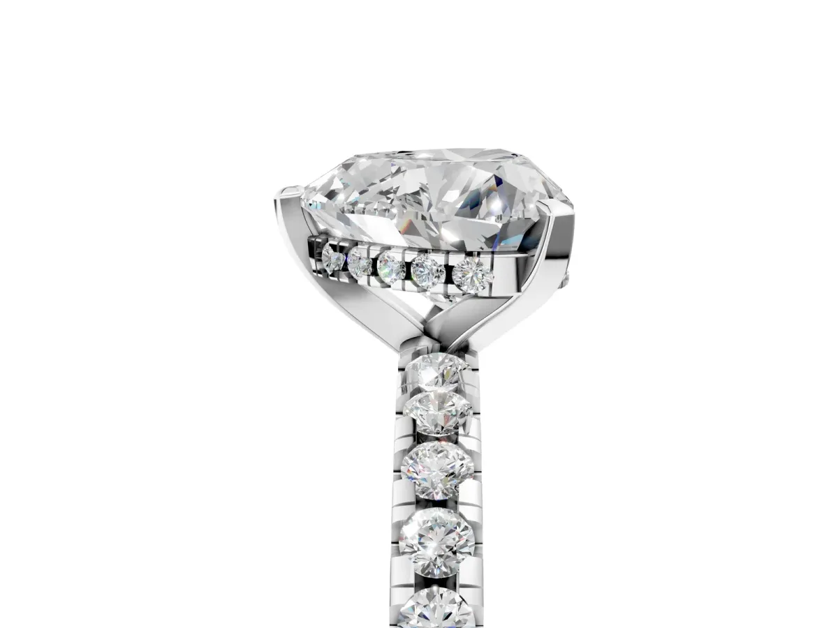 Heart Cut Diamond Solitaire Ring with Round Pavé Band and Four-Prong Setting Platinum