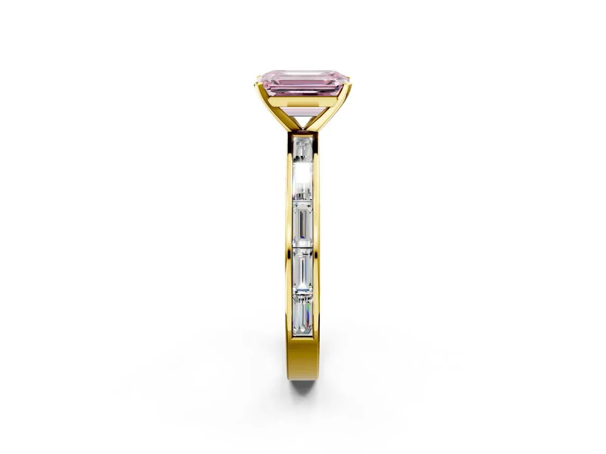 Fancy Pink Emerald Cut Solitaire Diamond Ring with Channel-Set Baguette Band and Four-Prong Setting Yellow gold