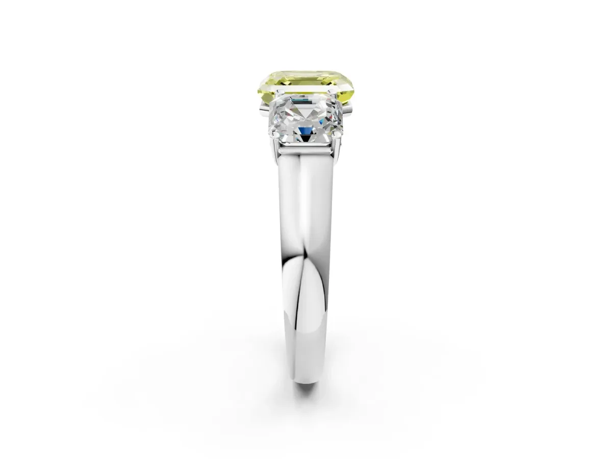 Fancy Yellow Asscher Cut Three-Stone Diamond Ring with Prong Setting on a Classic Band Platinum